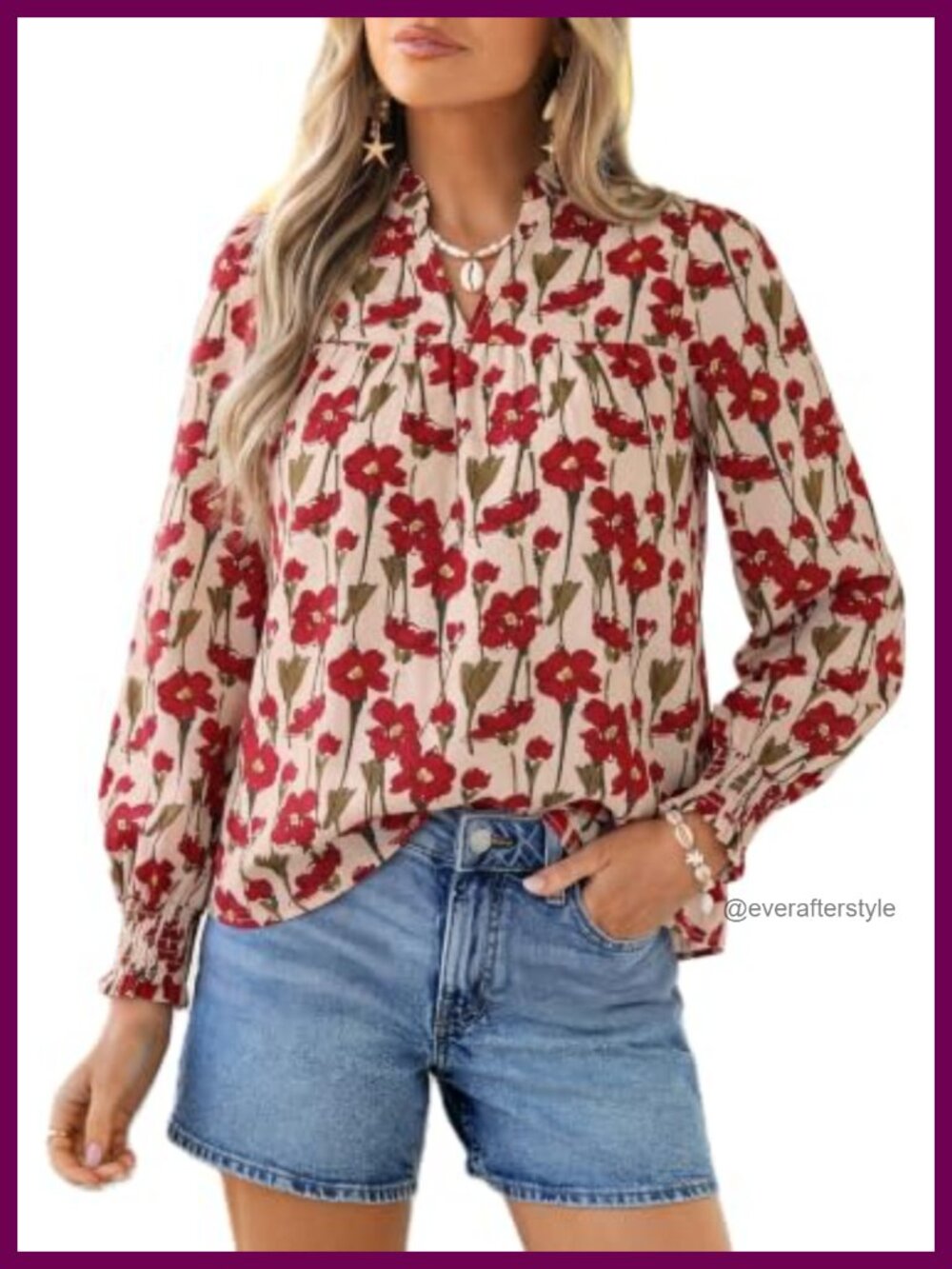 Boho Floral Smocked Blouse V-Neck Long Sleeve Ruffled Top